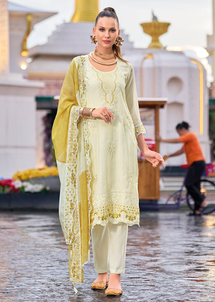 White & Yellow Organza Suit with Floral Embroidery work