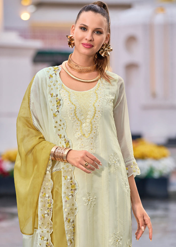 White & Yellow Organza Suit with Floral Embroidery work