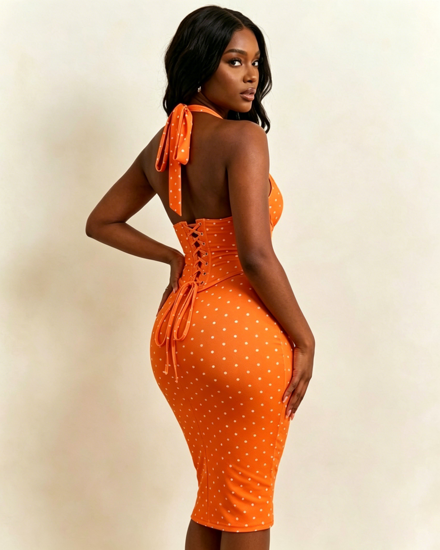 Polka Dot Corset Halter Midi Dress with Lace-Up Back  - By Qivii
