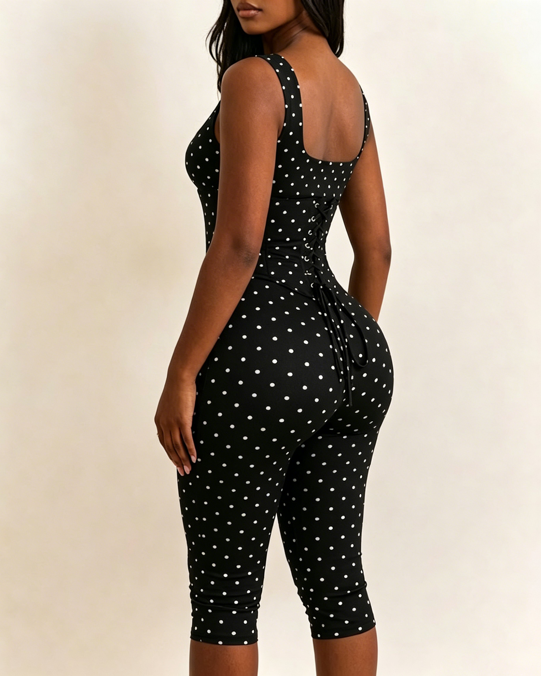 Polka Dot Square Neck Capri Jumpsuit with Hourglass Detachable Corset Two-Piece Set  - By Qivii