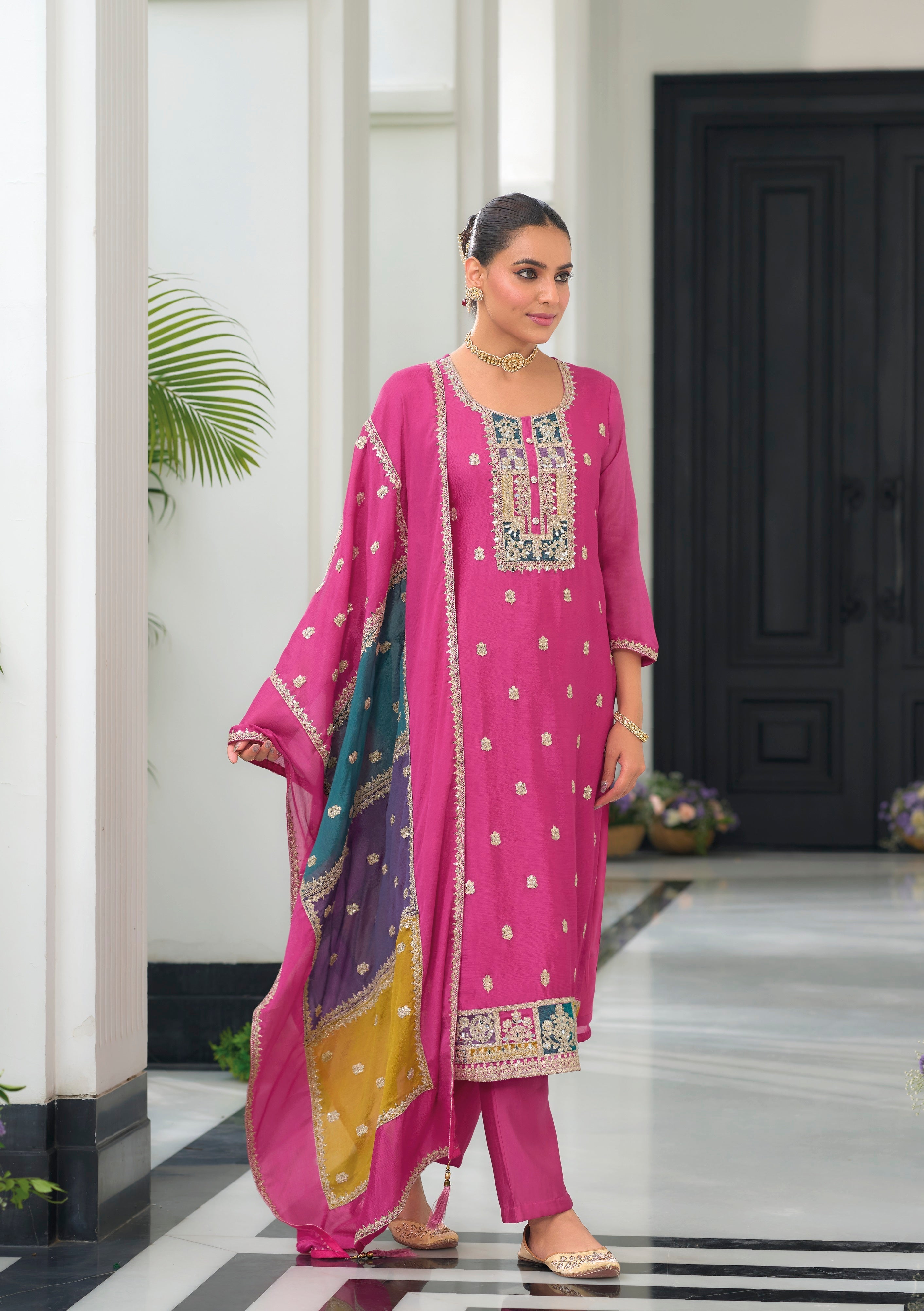 Pink hevey Chinon with  emboidery work Salwar Suit - qivii