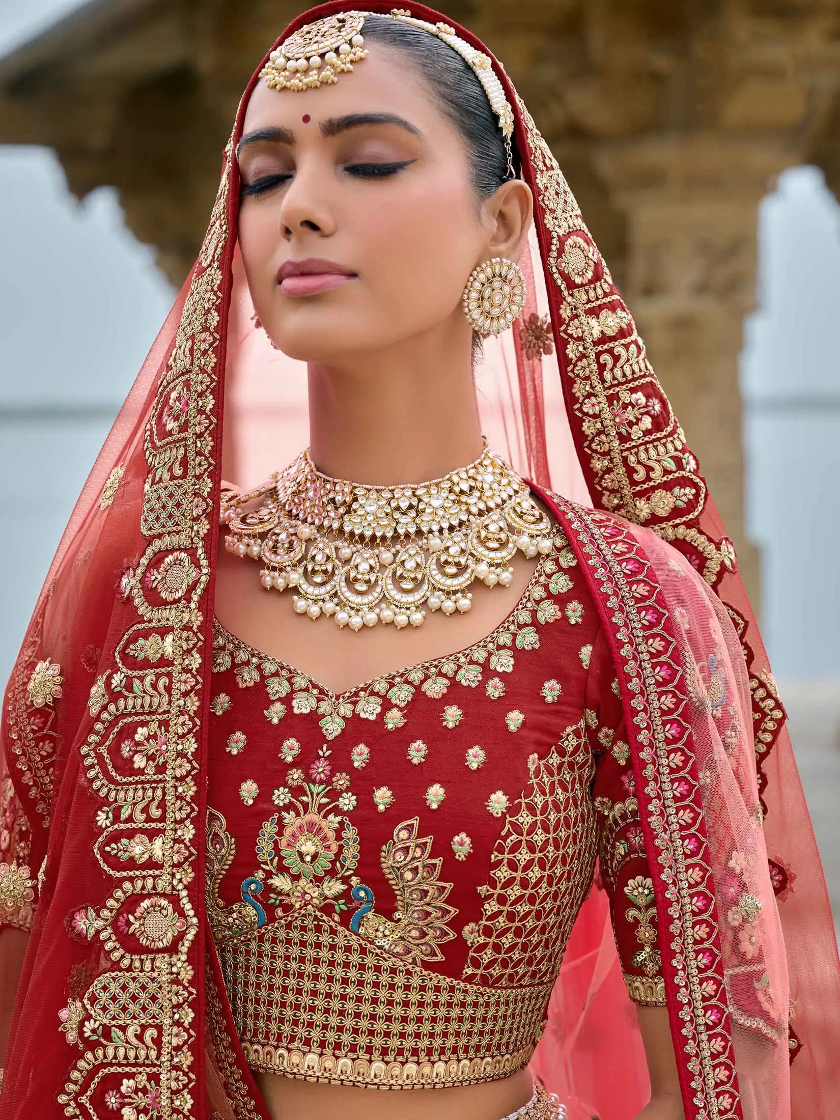Red Designer Bridal Lehenga With Heavy Embroidery & 2 Dupatta - qivii