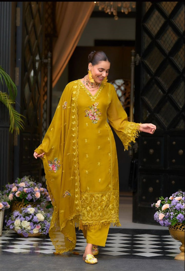 Yellow soft blooming organza emboidery & khatali work with gpu lace Salwar Suit