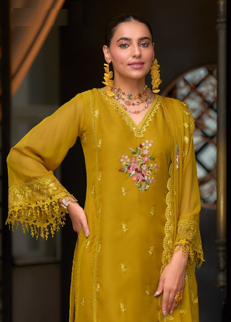 Yellow soft blooming organza emboidery & khatali work with gpu lace Salwar Suit