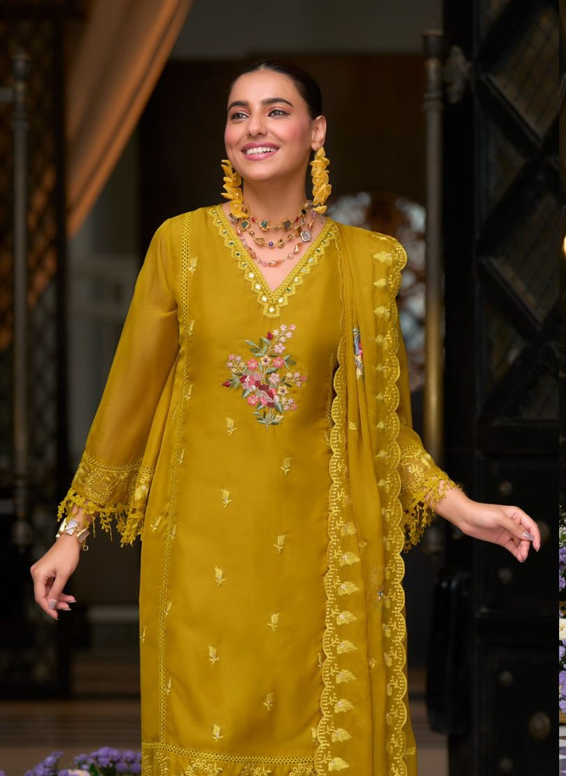 Yellow soft blooming organza emboidery & khatali work with gpu lace Salwar Suit