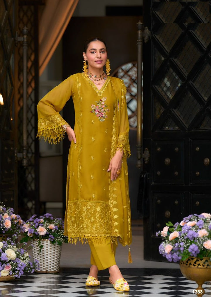 Yellow soft blooming organza emboidery & khatali work with gpu lace Salwar Suit