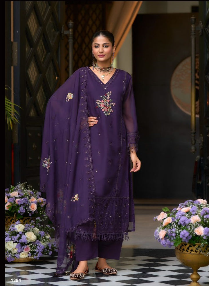 Purple soft blooming organza emboidery & khatali work with gpu lace Salwar Suit