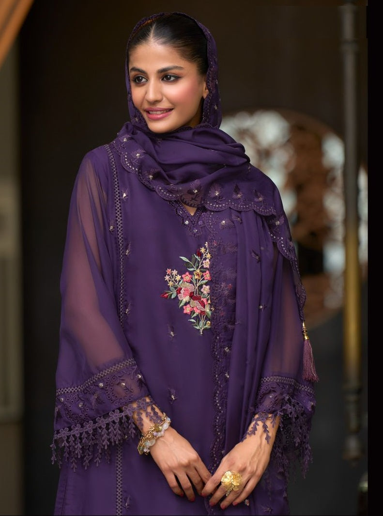 Purple soft blooming organza emboidery & khatali work with gpu lace Salwar Suit