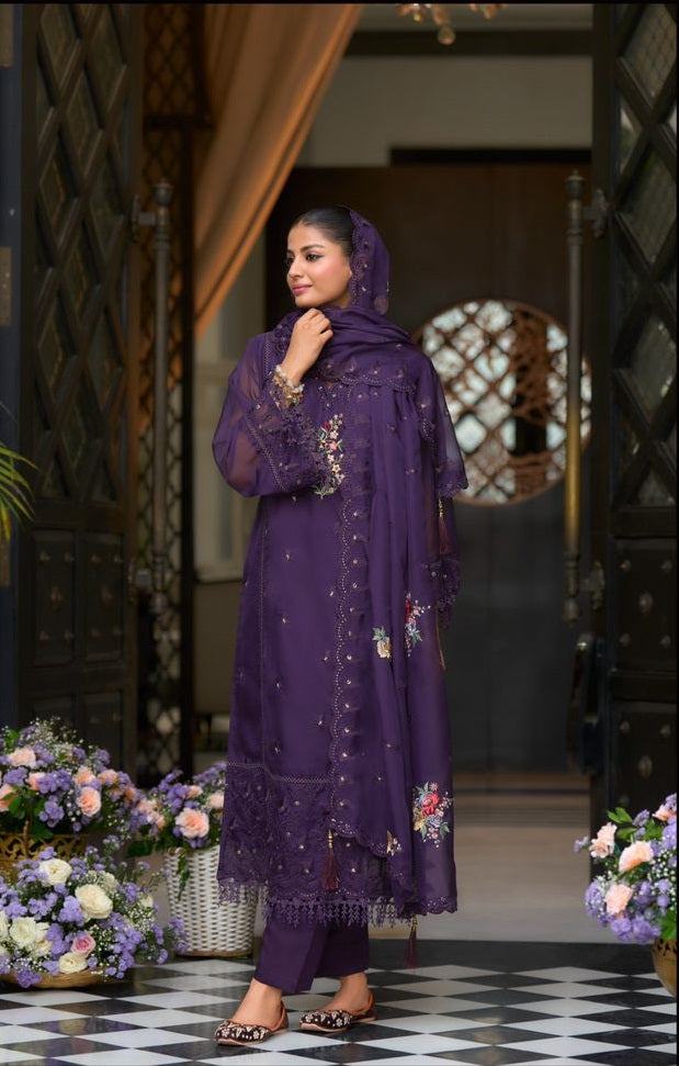 Purple soft blooming organza emboidery & khatali work with gpu lace Salwar Suit