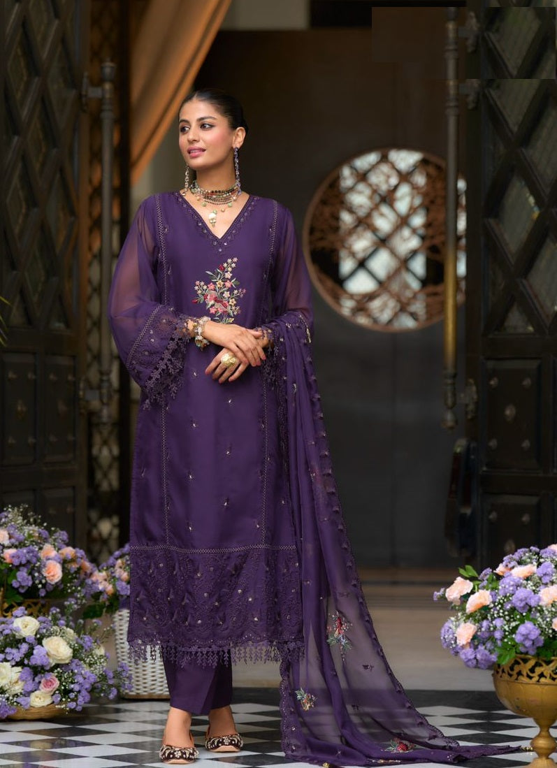 Purple soft blooming organza emboidery & khatali work with gpu lace Salwar Suit