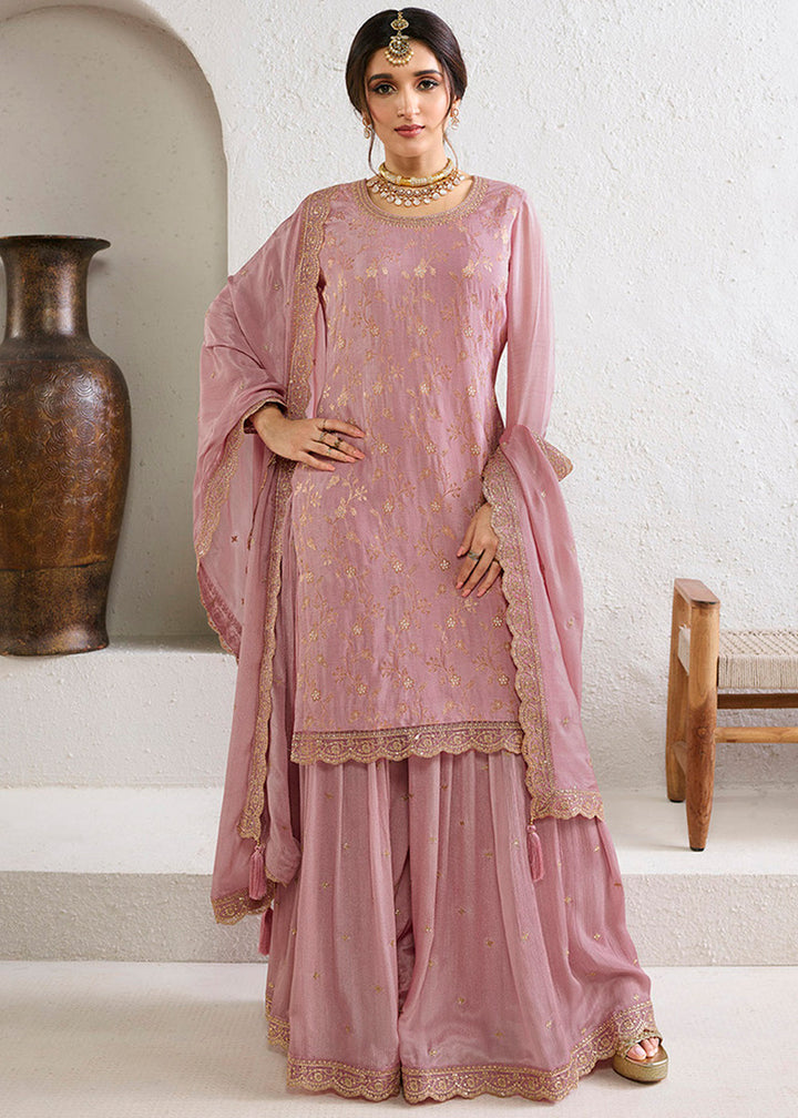 Sweet Lilac Chinon Kurta . Paired with Chinon Sharara Bottom and Chinon Dupatta