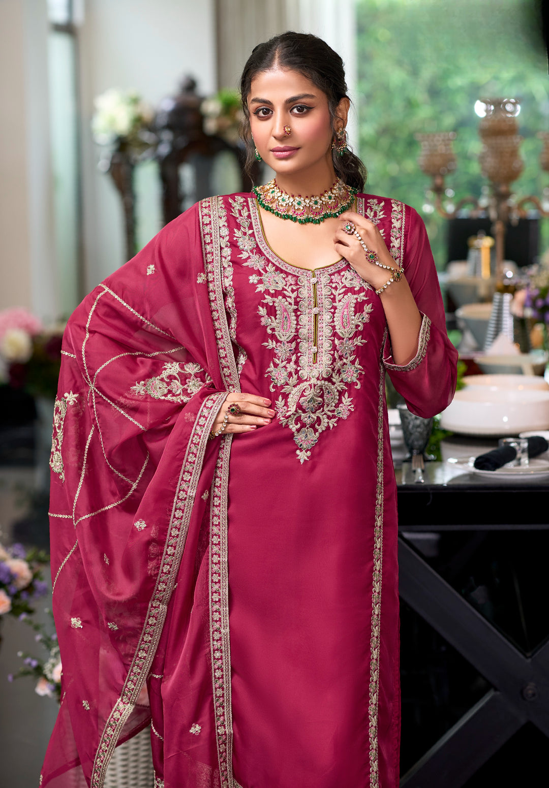 Pink soft organza with embroidery heavy silk salwar suit