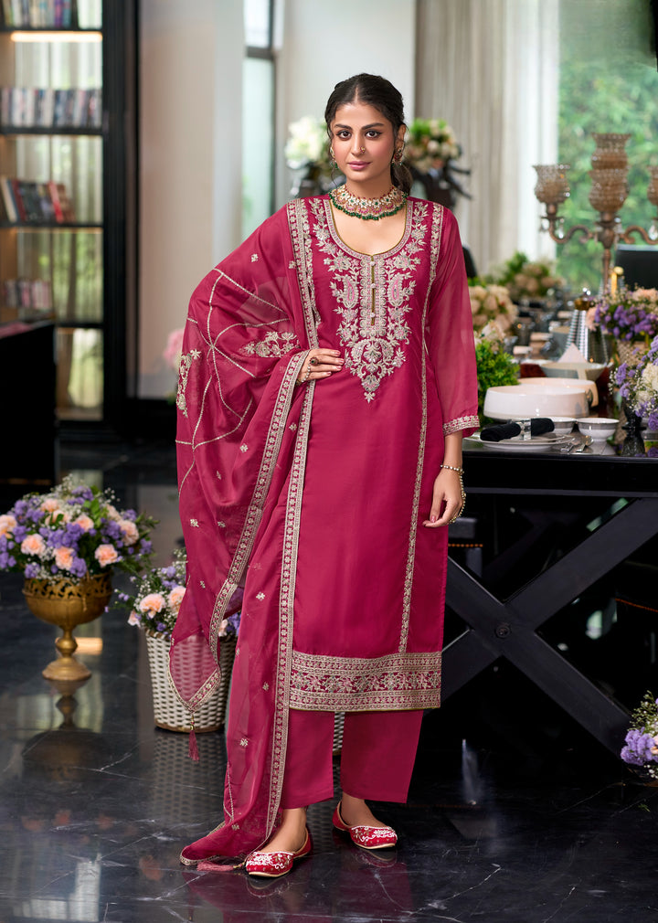 Pink soft organza with embroidery heavy silk salwar suit