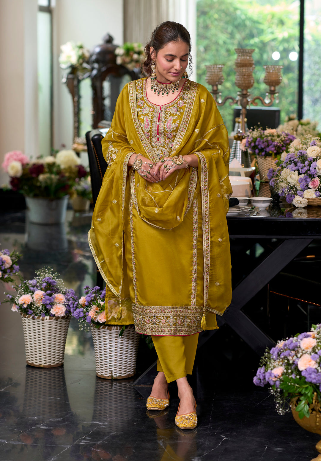 Yellow soft organza with embroidery heavy silk salwar suit