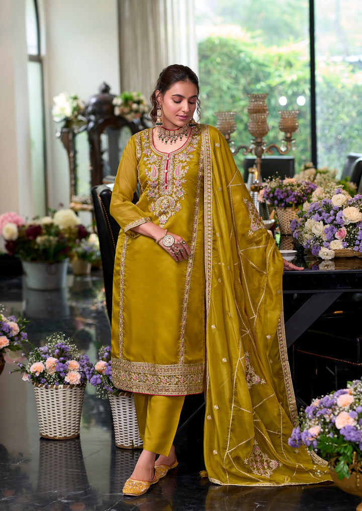 Yellow soft organza with embroidery heavy silk salwar suit