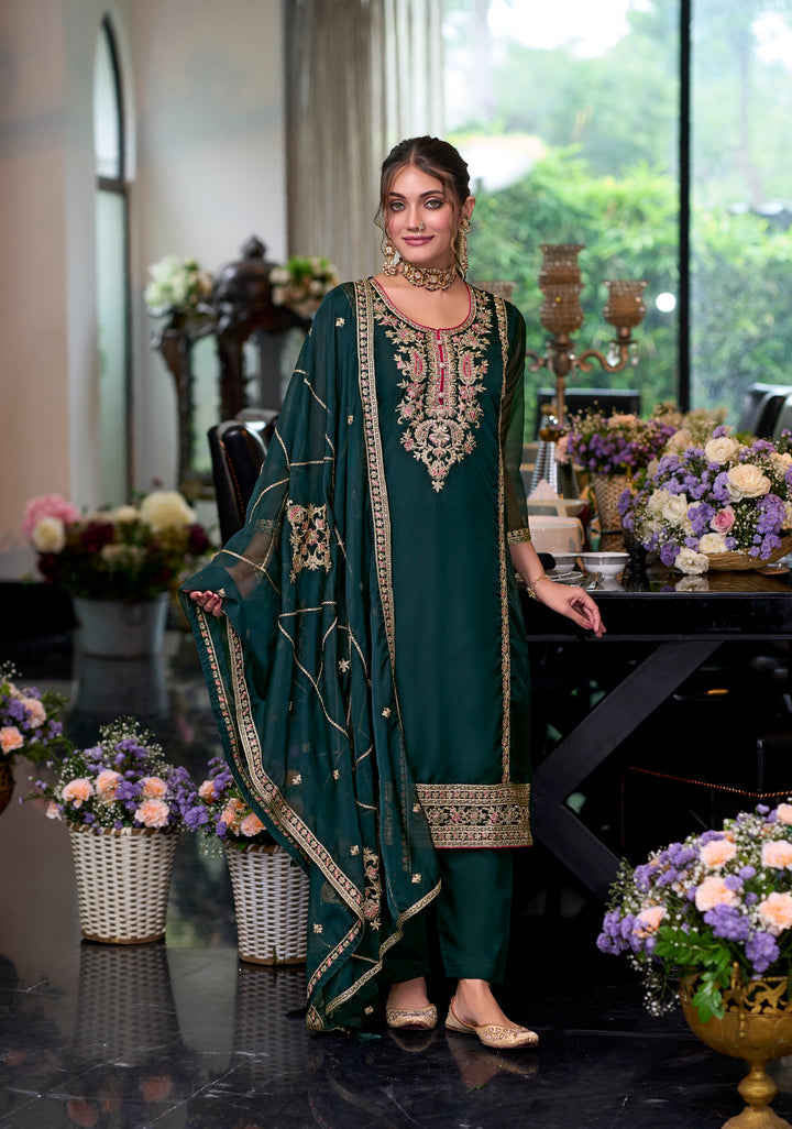 Green soft organza with embroidery heavy silk salwar suit