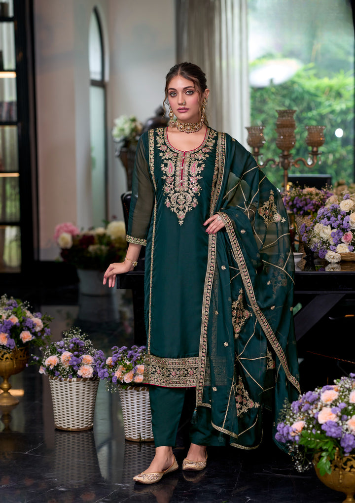 Green soft organza with embroidery heavy silk salwar suit