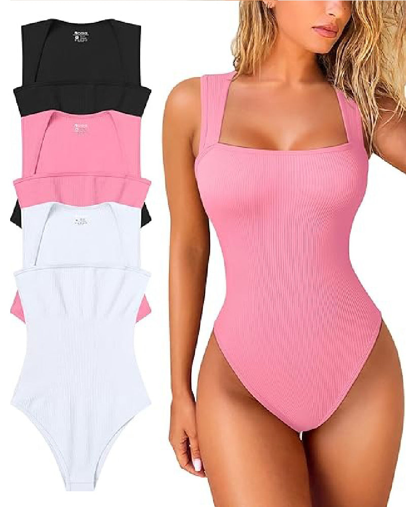 Shapshe® Square Neck Sleeveless Knit Ribbed Seamless Tummy Control Tank Tops Bodysuit  - By Qivii