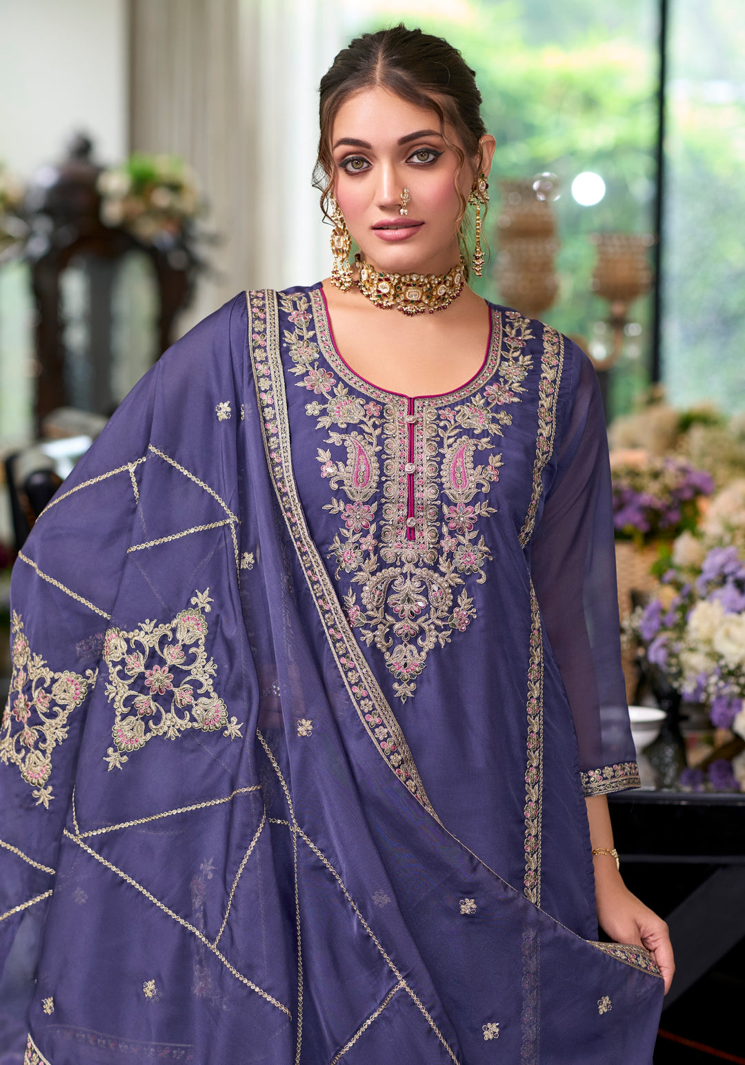 Purple soft organza with embroidery heavy silk salwar suit