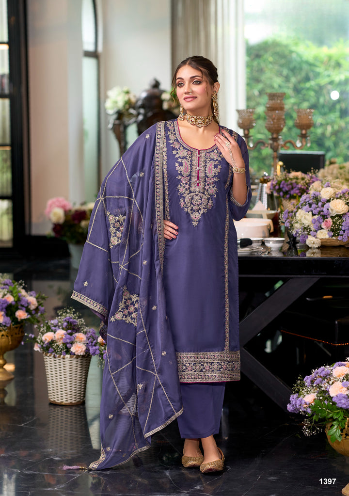 Purple soft organza with embroidery heavy silk salwar suit