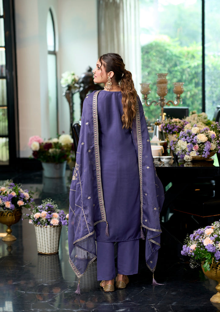 Purple soft organza with embroidery heavy silk salwar suit