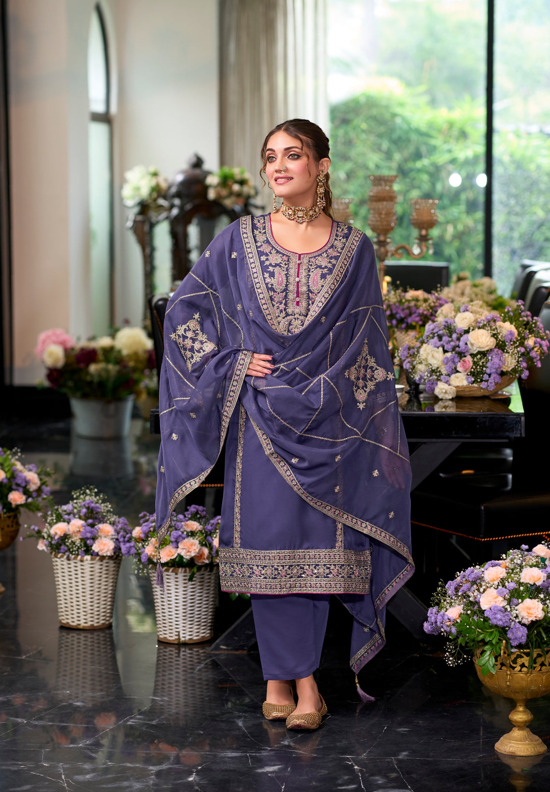 Purple soft organza with embroidery heavy silk salwar suit