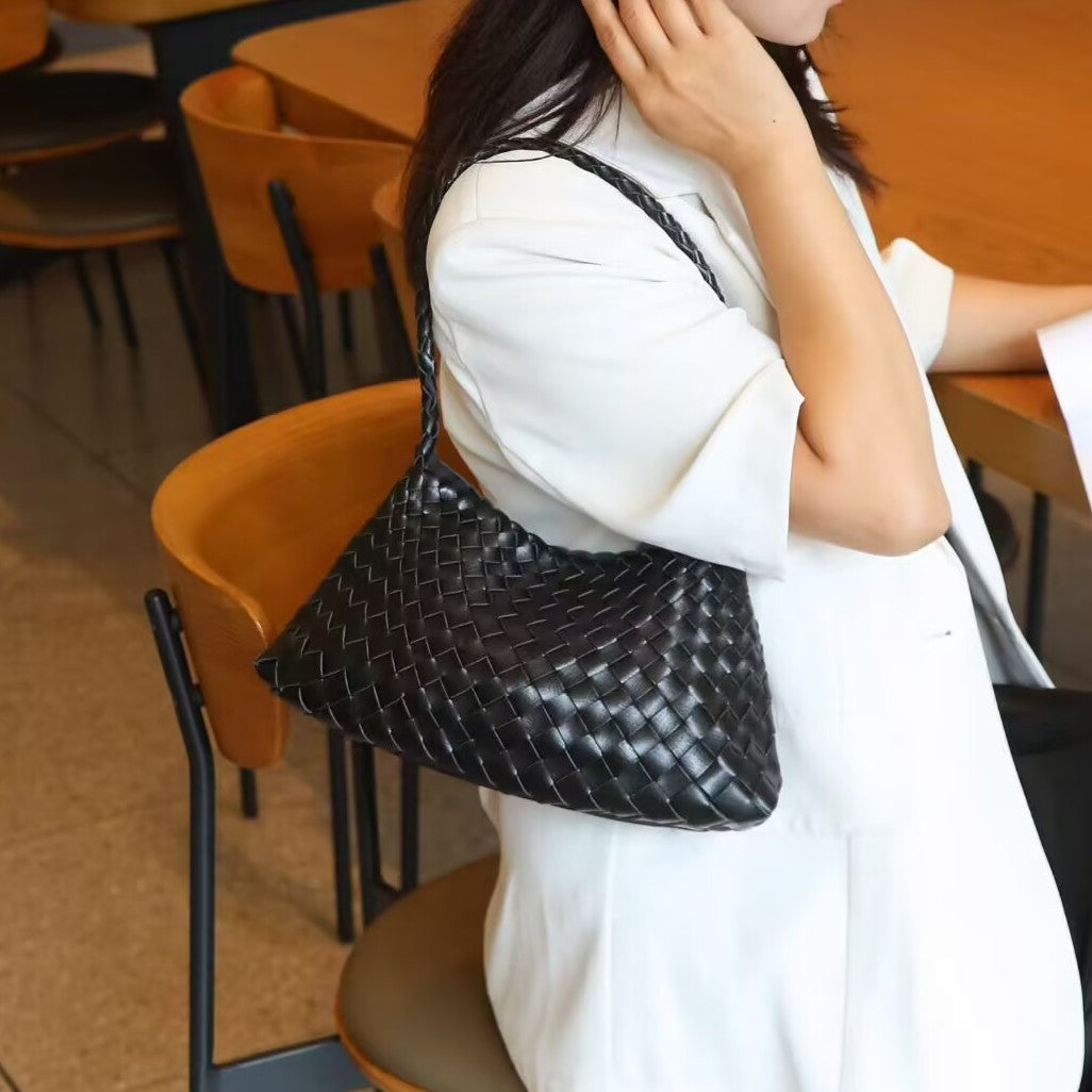 Women’s Genuine Leather Woven Heritage Tote – Handcrafted Vintage Shoulder & Underarm Bag, Minimalist Elegant Design