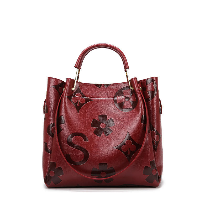 Women's Grain & Grace Bucket Bag - Vintage Embossed Carryall with Detachable Pouch for Women | Textured Leather Mother-Daughter Tote
