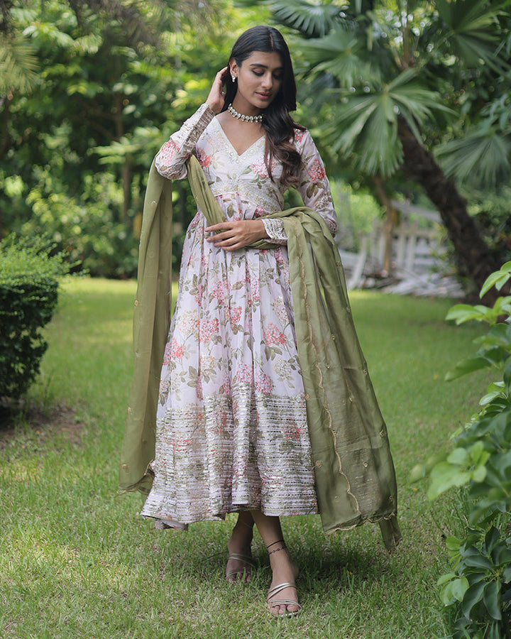 Wedding Wear Floral Embroidered Off White Color Alia Cut Gown With Dupatta  - By Qivii