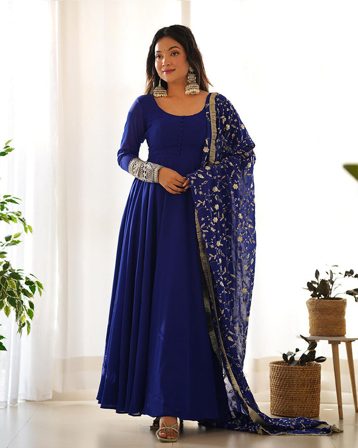 Beautiful royal blue soft georgette anarkali suit with heavy embroidery work dupatta by Qivii