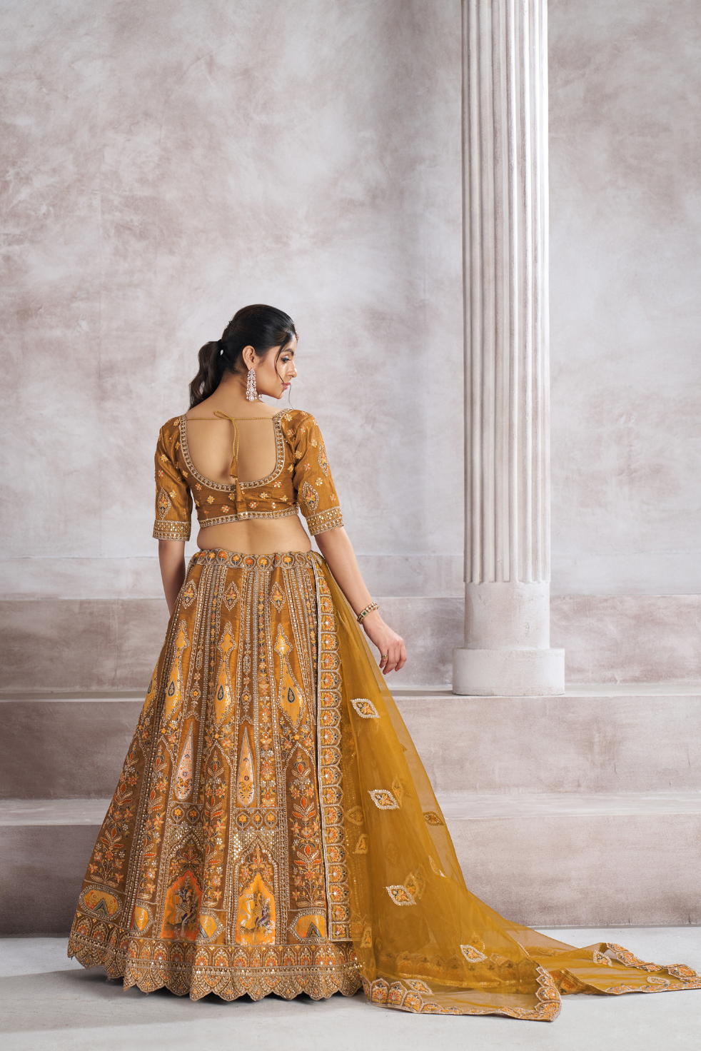 Earthy Mustard Bridal Lehenga with Patch & Aari Work - qivii