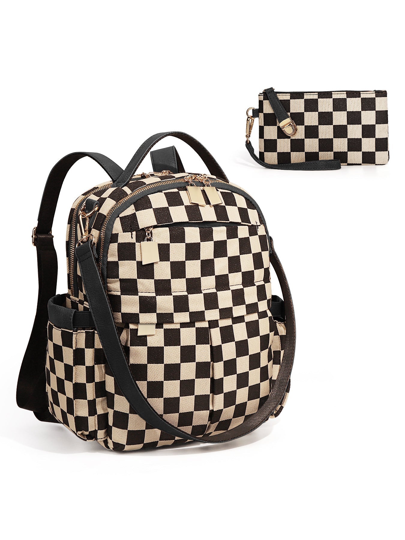 Ounamei Checkered Backpack Purse for Women | Anti-Theft Travel & Work Bag with Matching Pouch