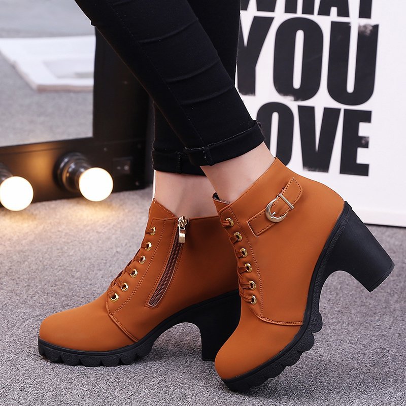 Women's Buckle Decorated Chunky Heel Ankle Boots - Side Zipper & Lace-Up Round Toe Mid-Calf Equestrian Boots (US 4-10)