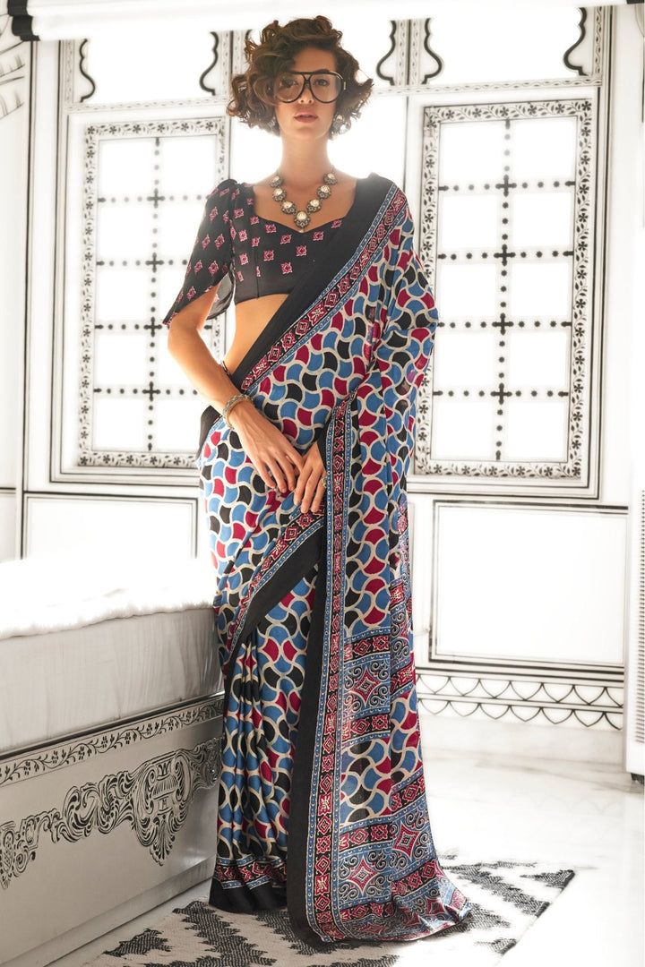 Bismark Blue and Black Printed Ajrakh Satin Crepe Saree