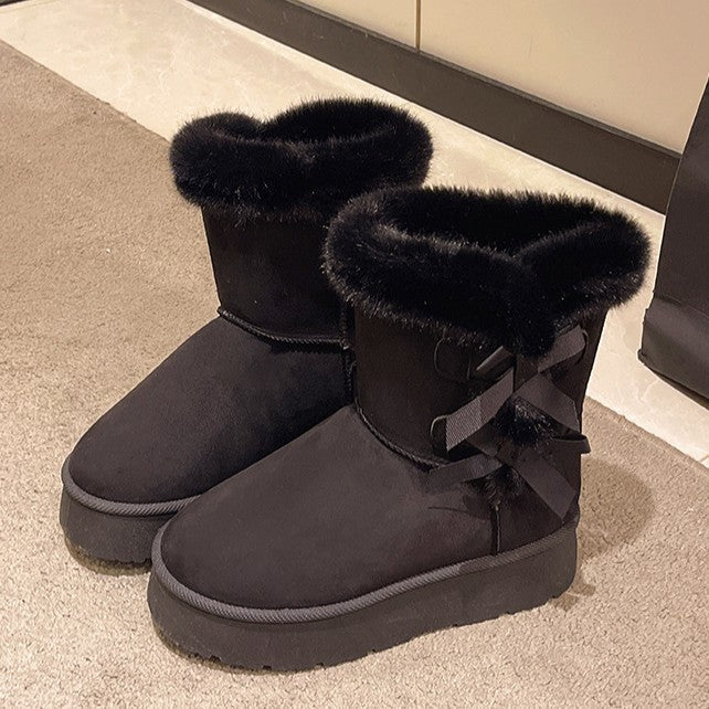Women's Bow-Knit Cozy Winter Boots - Shearling Lined Chunky Platform Snow Boots (US 5-9.5)