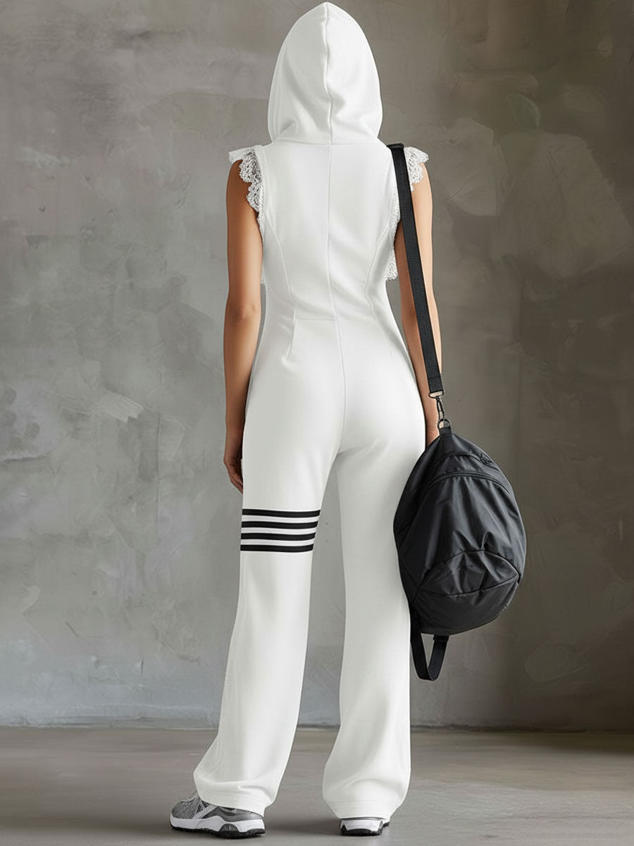 Giada | Retro Sports Jumpsuit with Hood and Stripes by Qivii