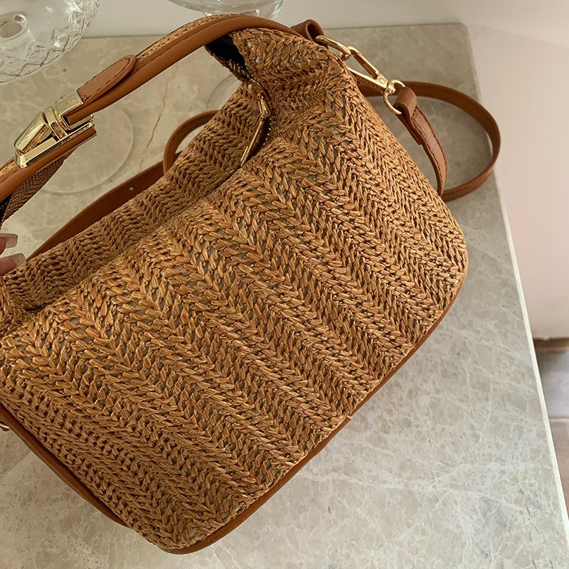 Women's Raffia Convertible Bowler — Summer Arc-Shoulder Bag with Artisan Woven Detailing