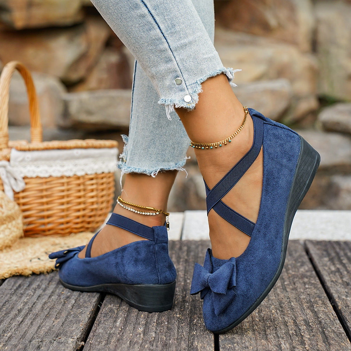 Women’s Elara Bow Suede Wedge Loafers – Elastic Cross-Strap Comfort Slip-Ons (US 5–10.5)
