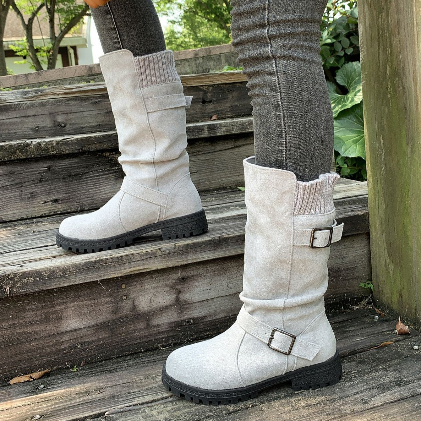 Women’s RanchWrap Buckle Mid-Calf Suede Boots – Knit Cuff Western-Style Slouchy Shoes (US 5–10.5)