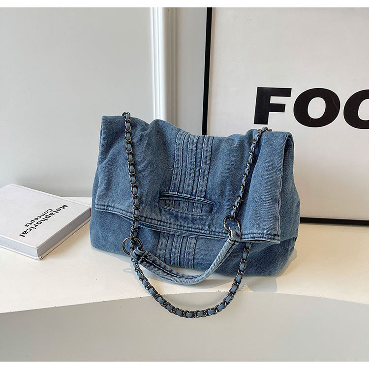 Women's Vintage Denim Tote Bag with Chain Strap – Structured Large-Capacity Crossbody & Shoulder Bag
