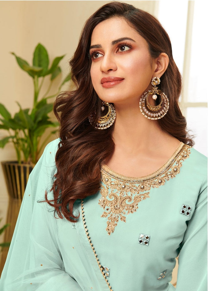 Powder Blue Georgette Sharara Suit with Gota work & Embroidery By Qivii