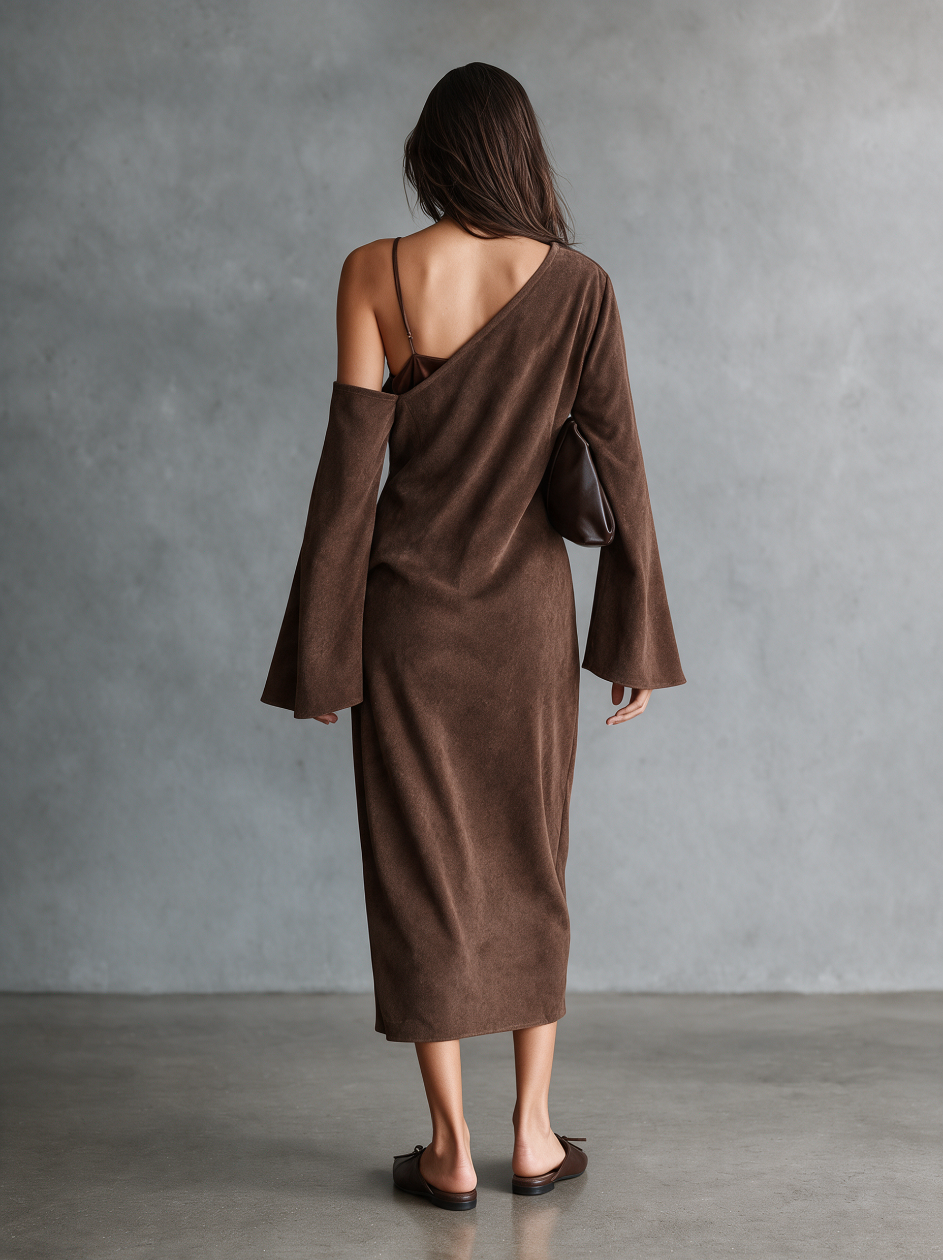 Women's Elegant Suede Dress Splicing Satin Camisole-Style Bodice And One-Shoulder Detail MDZ0300I4WY