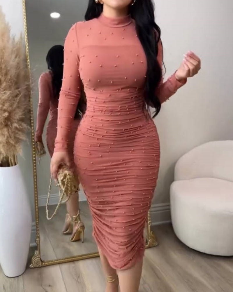 Elegant Mesh Paneled Ruched Bodycon Midi Dress with Mock Neck  - By Qivii