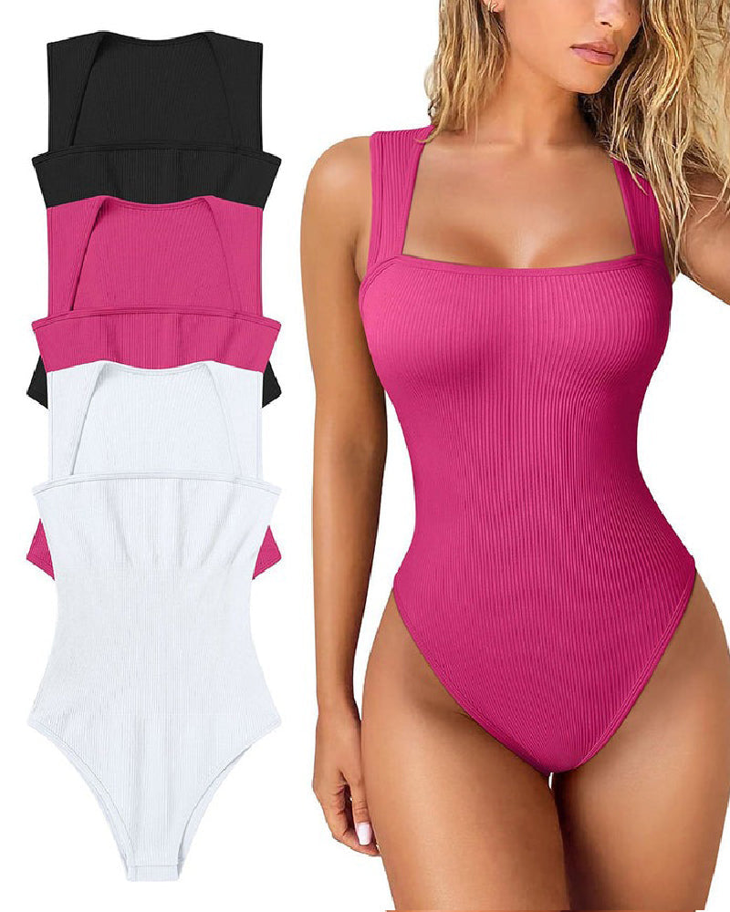 Shapshe® Square Neck Sleeveless Knit Ribbed Seamless Tummy Control Tank Tops Bodysuit  - By Qivii
