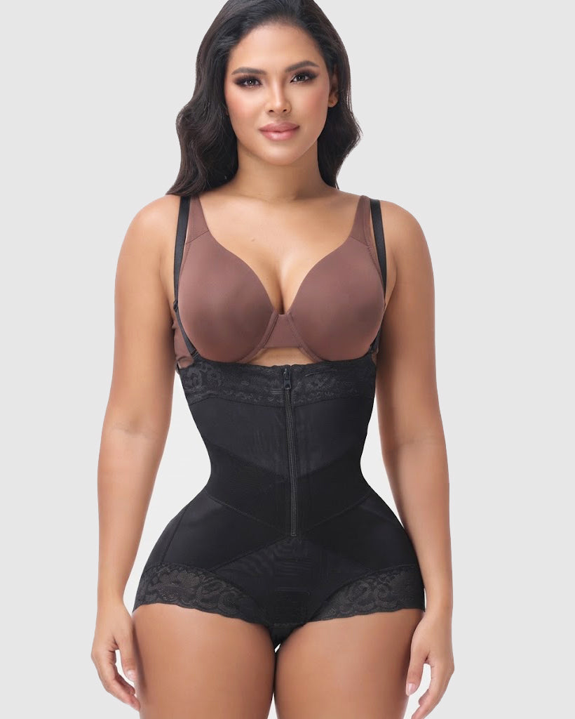 Detachable Strap Front Zip Lace Tummy Control Butt Lifting High Waist Shapewear Shorts
