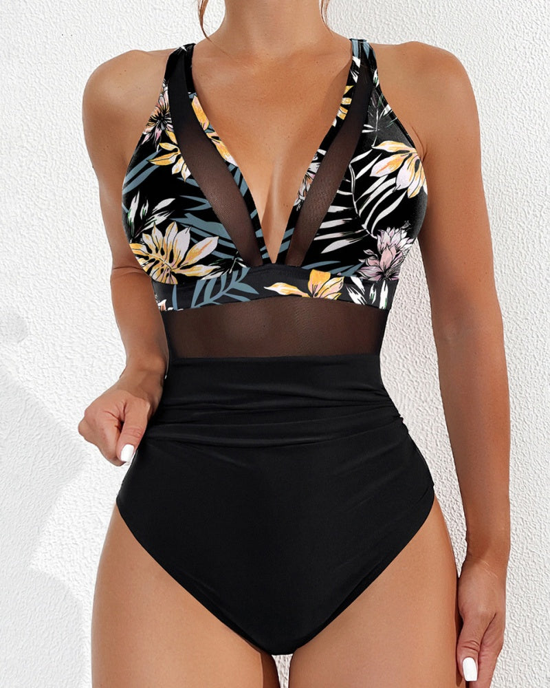 Sexy Deep V Mesh Backless One Piece Shapewear Swimsuit  - By Qivii
