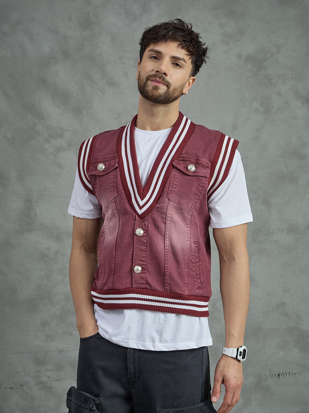 Maroon Tactical Denim Sleeveless Jacket