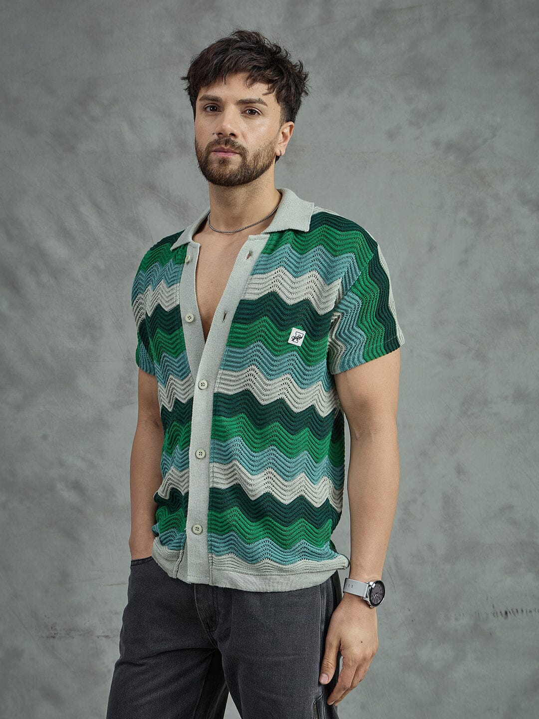 Shades Of Green Wavy Stripes Crochet Shirt - qivii