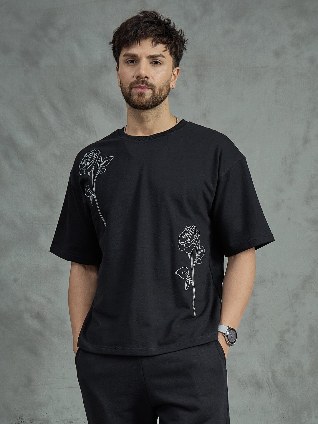 Black Rose Embroidery Oversized Tee