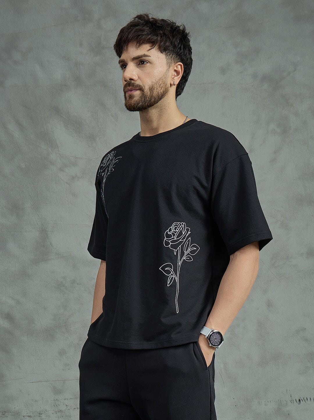 Black Rose Embroidery Oversized Tee